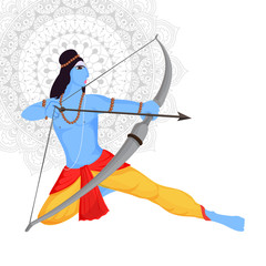 Illustration of Lord Rama aiming arrow on mandala pattern background.
