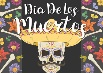 Dia de los Muertos. Day of the Dead banner with mexican skull with sombrero