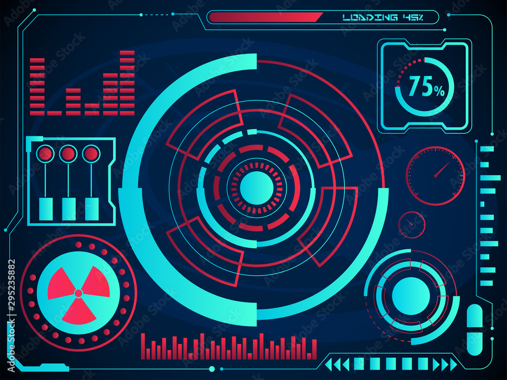 Poster digital charts or radar user interface and graph hologram screen on blue background for hud infograp