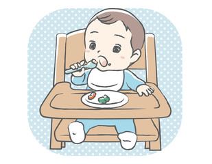 Baby eating baby food. Vector illustration.