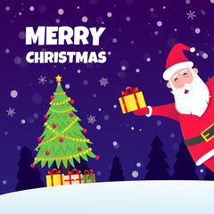 Santa Claus, christmas tree fir flat style design icon sign vector illustration greeting postcard. Symbol of xmas holiday celebration isolated on dark snow background with pile of gifts.