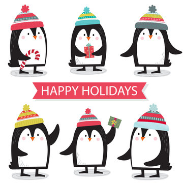 Cute penguins sets collection cartoon vector illustrations, Cute Christmas character design