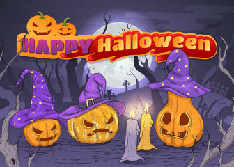 Happy Halloween. Card / Flyer / Banner with Pumpkins and Full Moon