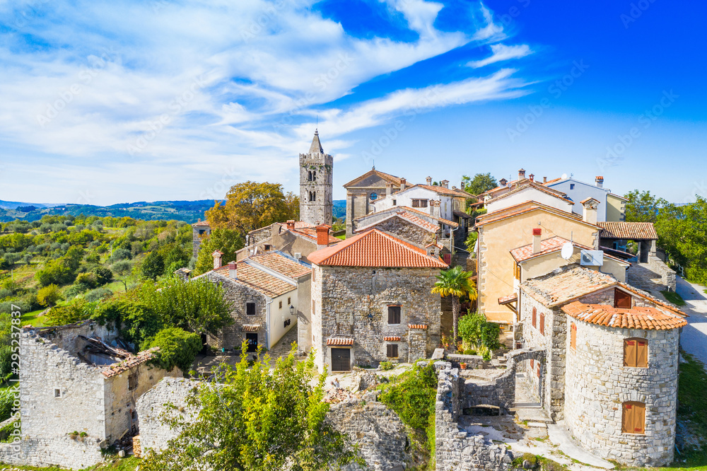 Wall mural old town of hum on the hill, beautiful traditional architecture in istria, croatia, aerial view from