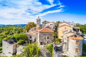 Fototapeta na wymiar Old town of Hum on the hill, beautiful traditional architecture in Istria, Croatia, aerial view from drone