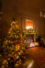 Fototapeta na wymiar Christmas evening by candlelight. classic apartments with a fireplace, decorated tree, armchair.