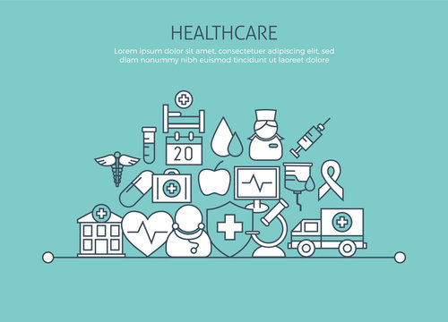 Healthcare Poster. Medical Concept Icons Set. Thin Line Web Symbols Outline Flat Style For Mobile App