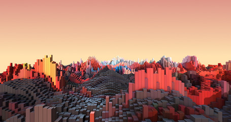 Abstract Aerial View Of 3D Metropolitan City. Complex Cube Shapes Forming Modern City. Technology And Industry Related 3D Illustration Render