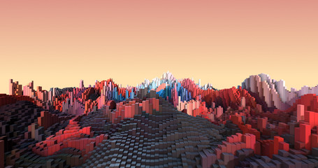 Abstract Aerial View Of 3D Metropolitan City. Complex Cube Shapes Forming Modern City. Technology And Industry Related 3D Illustration Render