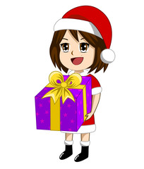 The girl in the Santa Claus outfit is giving a gift box wrapped in purple paper with a star pattern. And tied with a beautiful yellow ribbon.
