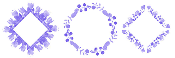set of hand-drawn watercolor frames of stylized flowers