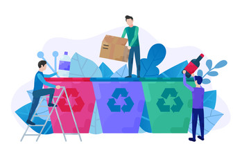 Recycling garbage separation banner. For landing page, ecology app, recycle business. Trash sorted