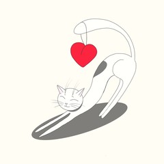 Digital illustration depicts a cat in love. A heart is hanging on its tail.