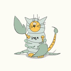 The digital illustration shows a cat in a scorpion costume. The cat is surprised
