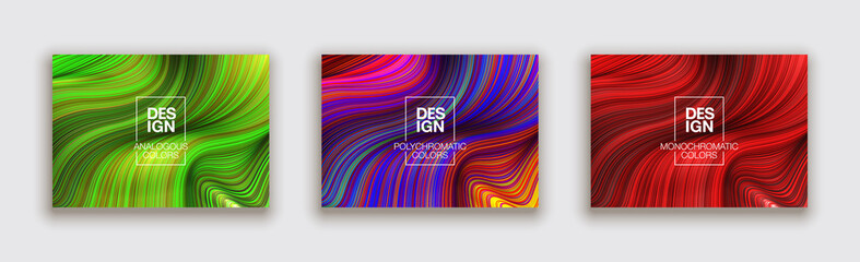 Fashion poster million thin lines luxury design. Liquid wave lines fashion background. Beautiful flowing drape textiles from many thin fibers yarn. Vector illustration vogue drape banner EPS10 set