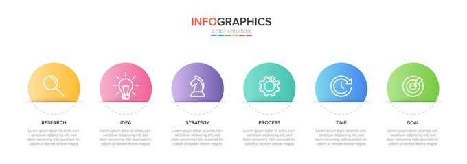 Concept of arrow business model with 6 successive steps. Five colorful rectangular elements. Timeline design for brochure, presentation. Infographic design layout.