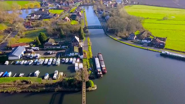 Aerial of L'Escaut and La Sensee canal, Le Bassin Rond, near Bouchain, Hauts-de-France, France