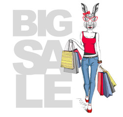 Retro Hipster animal rabbit. Big sale hipster poster with woman model