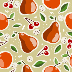 Seamless pattern with cartoon apple, pear, cherry, leaves, decor elements, dots on a neutral background. fruit theme. vector. hand drawing. design for fabric, print, wrapper, textile