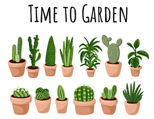 Time to garden banner. Set of hygge potted succulent plants postcard. Cozy lagom scandinavian style collection of plants