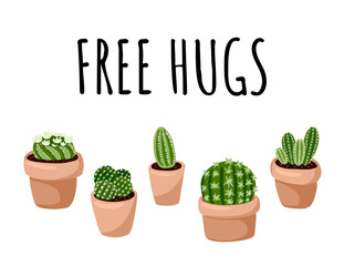 Free hugs banner. Set of hygge potted succulent plants postcard. Cozy lagom scandinavian style collection of plants