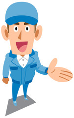 提案する青い作業服の男性