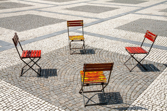Compsition of Four chairs on a square at the city of Prostejov, Oulemouc Region, CZ