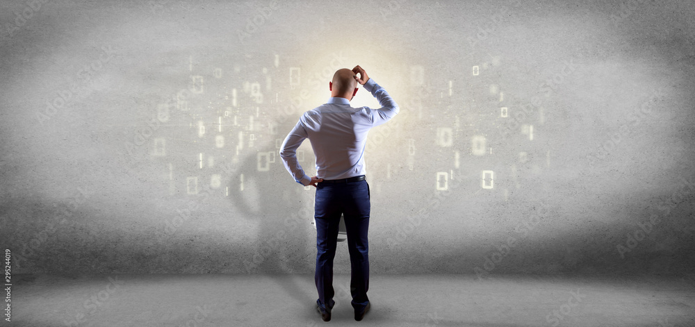 Poster businessman in front of a bulb lamp idea concept with start up icon connected 3d rendering