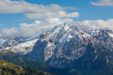 snow-capped Marmolada mountain summit in summer