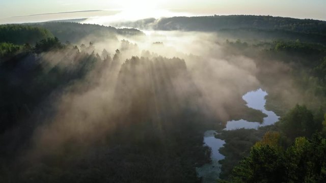 Fog over the river with rays of sunrise, aerial view