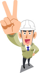 ピースサインを示すヘルメットをかぶった工務店の男性