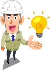 アイデアを紹介するヘルメットをかぶった工務店の男性