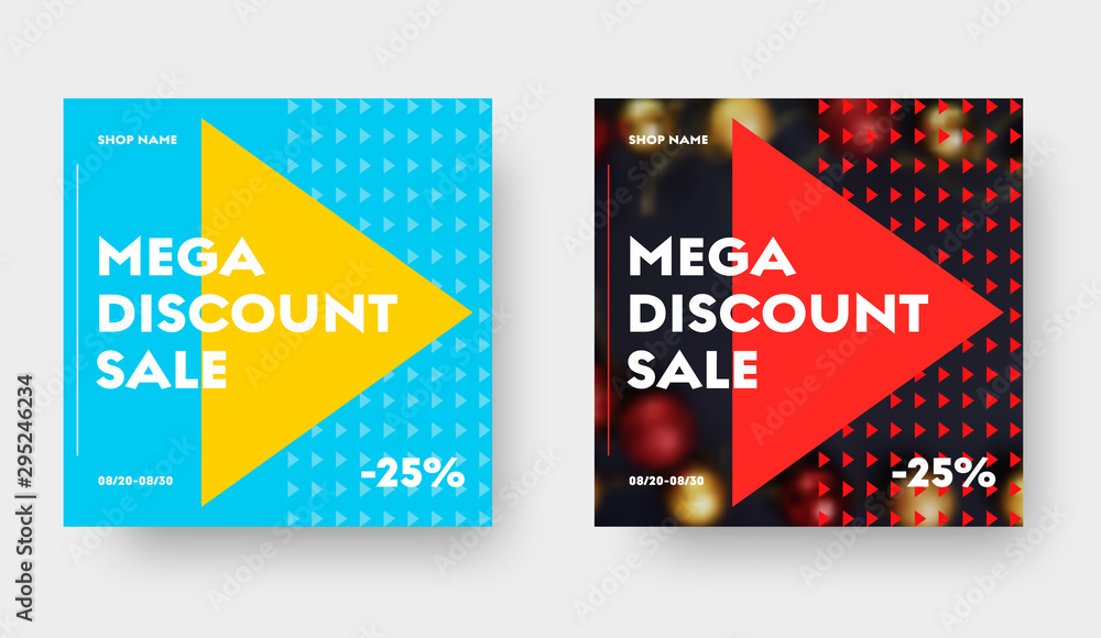 Poster layout of square banner for social media with triangular elements, place for photo and mega big sale