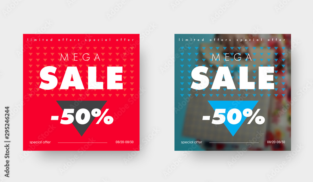 Poster two vector square web banners for big sale with triangle black and blue elements.