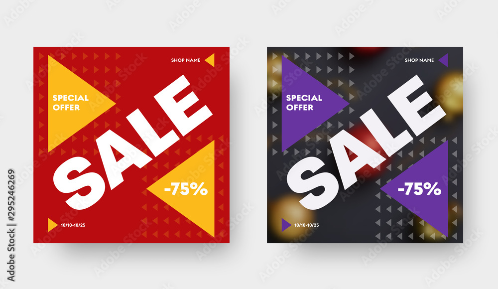 Poster design of square vector web banner for big sale and discounts with yellow and purple triangles and p