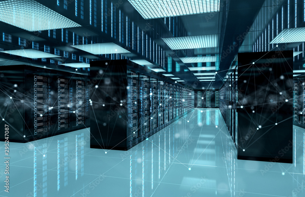 Fototapete Connection network in servers data center room storage systems 3D rendering