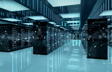 Connection network in servers data center room storage systems 3D rendering - obrazy, fototapety, plakaty