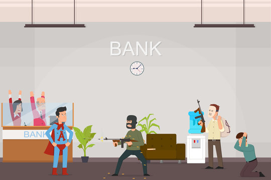 Hero protects the bank and the hostages from bandits.