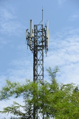 .Wireless Communication Antenna With bright sky.Telecommunication tower with antennas.	