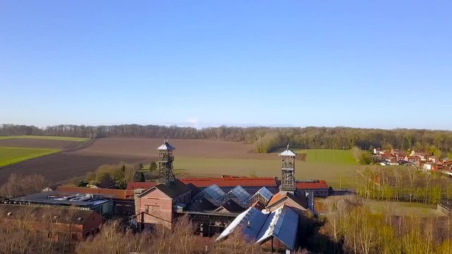Aerial of Lewarde Mining Historical Center, old coal mining, Lewarde, Hauts-de-France, France