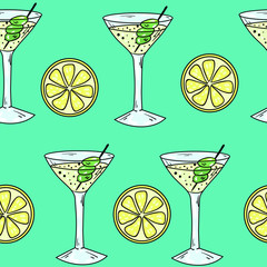 Seamless vector pattern with margarita cocktail and lemon slice on green background. Wallpaper, fabric and textile design. Wrapping paper cute pattern. Good for printing.
