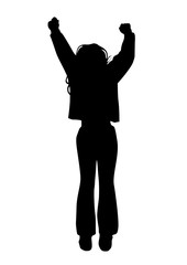 Little girl teenager  in warm clothes joyfully and happily jumps up with raised hands.