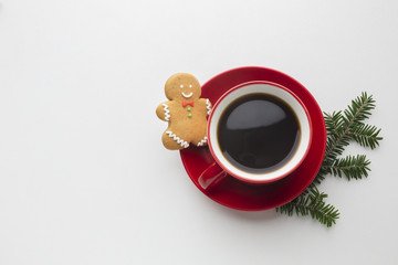 Top view coffee with gingerbread man