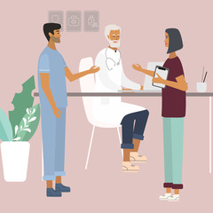 Doctors and nurses discussing and talking. Teamwork of medical specialists at the clinic . Flat  vector illustration in cartoon style for web, medical office, clinics, laboratory
