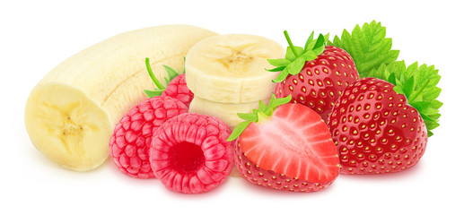 Multicolored composition with strawberry, banana and raspberry, isolated on a white background with clipping path.