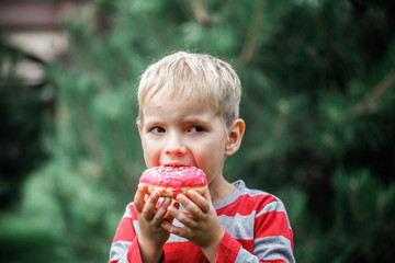 Happy boy eating a bright pink donut on the meadow