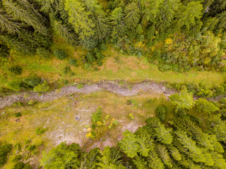 Naklejka premium Aerial view of mud slide river bed in mountain forest in Switzerland.