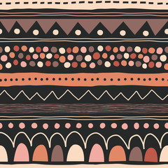 Abstract hand drawn creative seamless pattern. Multicolor doodle uneven shapes on white background. Decorative tribal horizontal geometric stripes print. Wallpaper, textile design idea