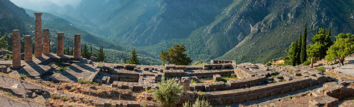 Apollo Temple in Delphi archaeological site at the Mount Parnassus. Delphi is famous by the oracle at the sanctuary dedicated to Apollo. UNESCO World heritage. Greece
