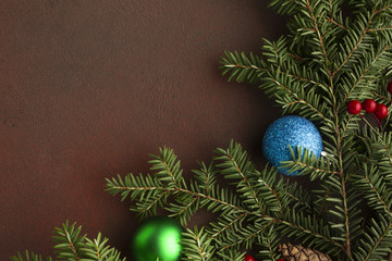 Top view christmas tree branch with copy space